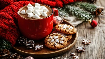 Fototapeta premium Cozy winter treat with hot chocolate topped with marshmallows and cookies on a wooden table