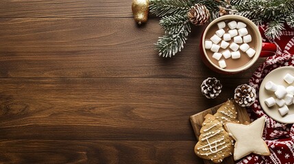 Cozy hot chocolate with marshmallows and holiday cookies on a wooden table during winter festivities