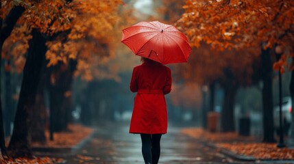 Obraz premium Woman with Red Umbrella Walking in Rainy Autumn Park