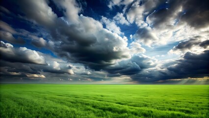 Obraz premium Dark green fields under a sky dotted with fluffy clouds, landscape, nature, countryside, serene, rural, agriculture, peaceful