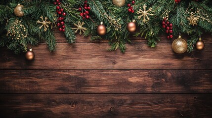 Festive holiday greenery and decorations on a rustic wooden background