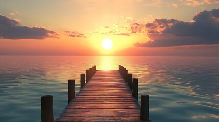 Obraz premium A wooden dock in the midst of a tranquil body of water Sunset distances with the sun descending over the water