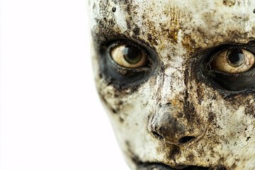 creepy face with decayed features and an intense stare creating a haunting and unsettling effect