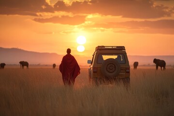 A man in a red robe walks towards a safari vehicle at sunset.