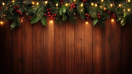 Christmas decorations featuring pine branches, red berries, and warm lights hanging over a wooden surface in festive ambience