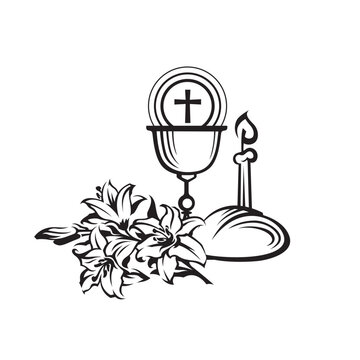 recommend clip art: holy communion icon with lily, chalice, candle and bread isolated on white background