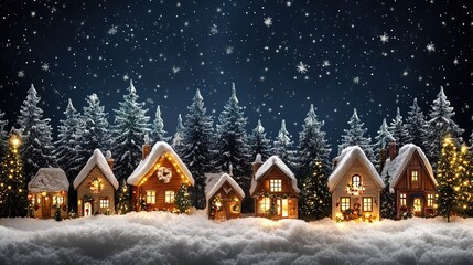 Festive winter village with snow-covered cottages and decorated trees under a starry night sky