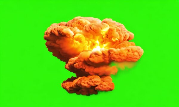 Nuclear atomic bomb explosion VFX with smoke, fire and mushroom cloud, isolated on green screen chroma key background