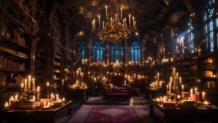 Naklejka premium a large room with bookshelves, a chandelier, and candles