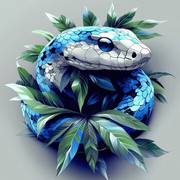Blue Snake Coiled in Lush Foliage