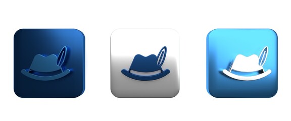 Colorful Oktoberfest hat icon isolated on white background. Hunter hat with feather. German hat. Square button. 3D render illustration