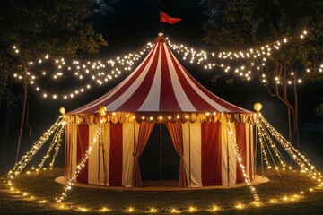 Colorful circus tent with lights in a dark forest. Concept of fun, celebration, entertainment, adventure. Banner, background for festivals, parties, events.