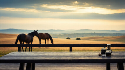 Empty the top of black wooden table for produst display with blurred a backdrop of rolling hills and horses