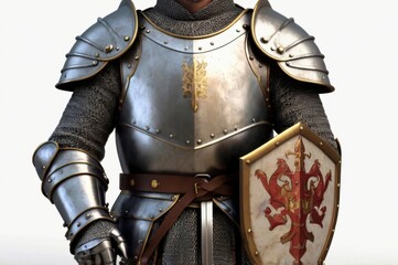 Naklejka premium 3D illustration of a medieval knight in armor, holding a sword and shield, isolated on white background