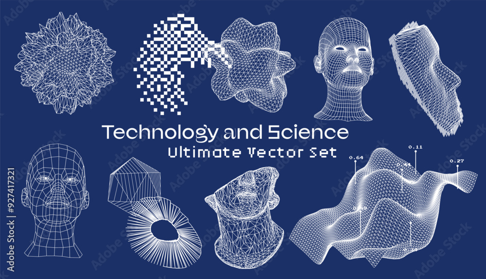 Aufkleber large set of 3d vector illustrations related to scientific technology, showing abstract figures and 