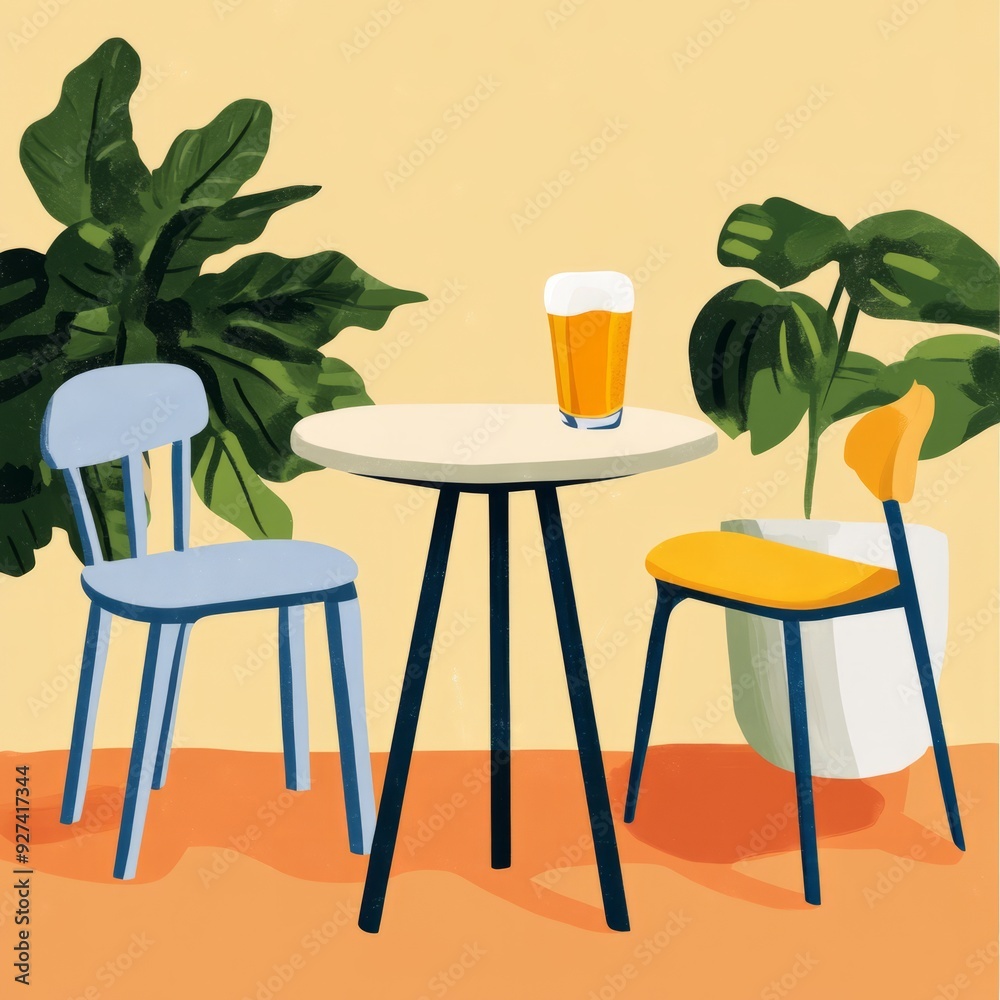 Sticker A minimalist patio setting with a round table, two chairs, a glass of juice, and potted plants.