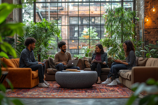 A diverse group of colleagues collaborating in a modern office, showcasing inclusivity and teamwork in a professional setting.