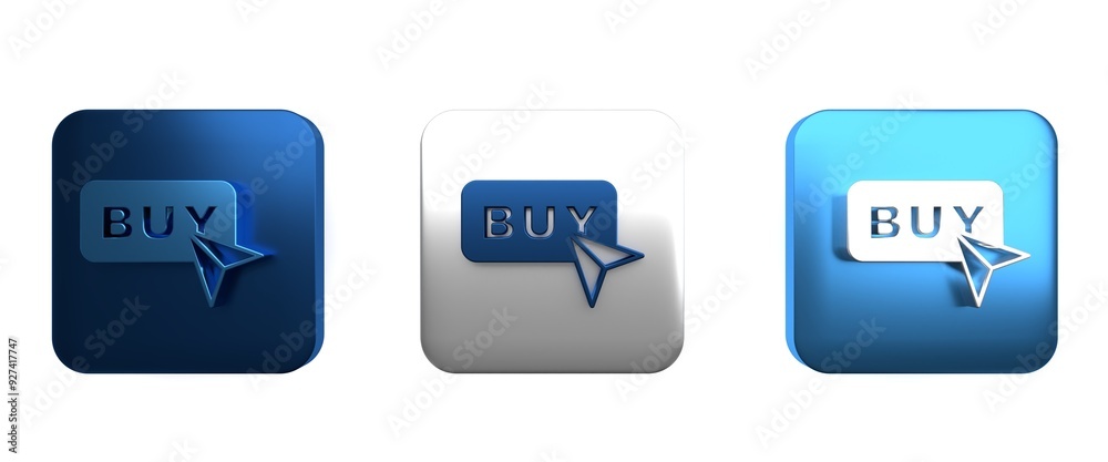 Poster Colorful Buy button icon isolated on white background. Square button. 3D render illustration