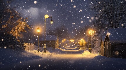 Fototapeta premium Snow falling on a quiet village street with lit lampposts at night during winter