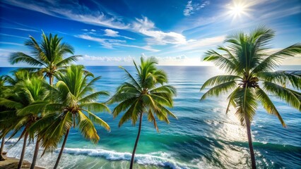 Ocean view with palm trees swaying, tropical, paradise, relaxation, serene, beach, vacation, waves, blue, horizon, coastal