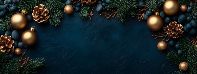 Gold Christmas Ornaments and Pine Branches on Navy Blue Background