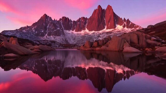Lake reflections with mountain peaks in beackground during sunrise, landscape motion video 