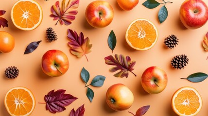 A flat lay arrangement of oranges, apples, colorful leaves, and pine cones on a peach background, evoking a cozy autumn vibe.
