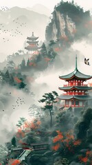 Obraz premium a landscape with pagoda and green mountain illustration poster background