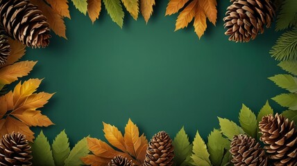 Leaves green background banner. Bright digital illustrated postcard, poster. christmas background with pine cones