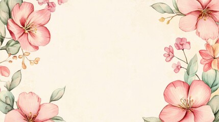 Delicate Watercolor Floral Border: A gentle touch of spring graces this watercolor floral border, featuring soft pink blossoms and delicate green foliage on a textured beige background. 