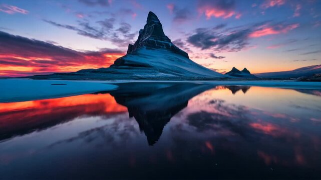 Lake reflections with mountain peaks in beackground during sunrise, landscape motion video 
