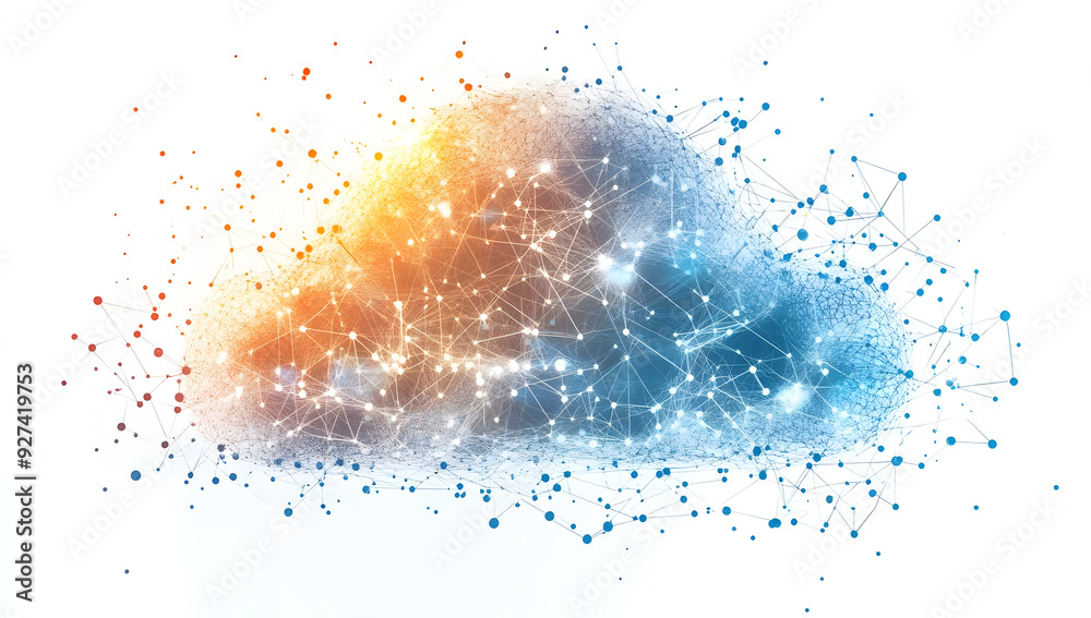 Poster abstract cloud illustration with interconnected dots and lines, showcasing technology and data visua