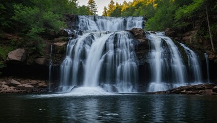 a waterfall that falls into the lake