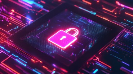 Cybersecurity:  A glowing neon padlock symbol on a futuristic circuit board, representing the strength and security of digital data. This abstract image evokes a sense of safety, protection