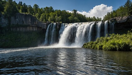 a waterfall that falls into the lake