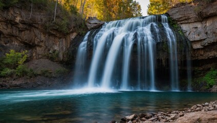 a waterfall that falls into the lake