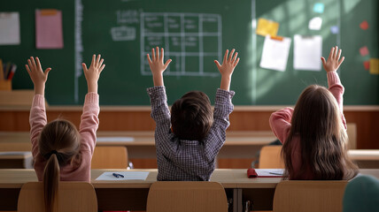 A group of students eagerly raise their hands to answer a question during a lesson, with the chalkboard in the background.