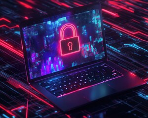 Cybersecurity: A laptop with a glowing neon padlock on the screen, symbolizing digital security and data protection in a futuristic, abstract setting.