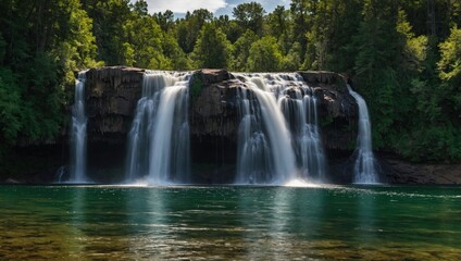 a waterfall that falls into the lake