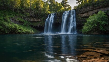 Obraz premium a waterfall that falls into the lake
