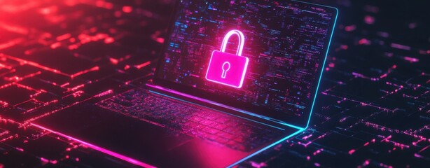 Cybersecurity Shield: Neon padlock on laptop screen amidst digital code.  Protecting data, privacy, and online security in a vibrant, futuristic visual.