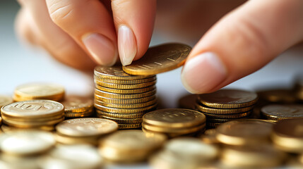 Close-up of hands stacking gold coins. Conceptual image for finance and investment.
