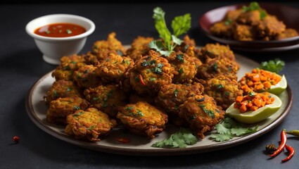 a plate of fried fritters with a dipping sauce,