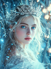 Portrait of a regal winter ice queen with icy blue eyes and a silver crown adorned with snowflakes. Wearing a white gown with intricate ice-like patterns. The background is a winter wonderland.