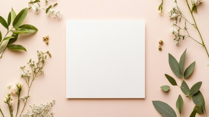 Blooming Canvas: Blank notepad nestled among delicate flowers on a soft pink backdrop, inviting creativity and inspiration. 