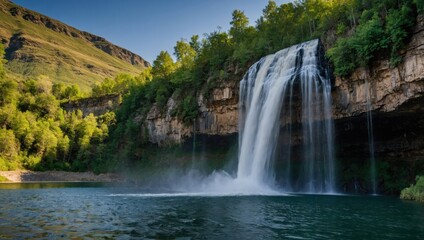 a waterfall that falls into the lake