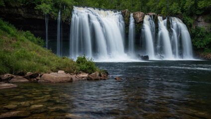 Obraz premium a waterfall that falls into the lake
