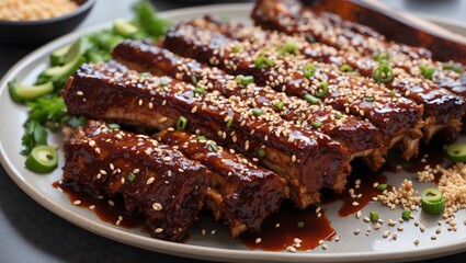 a brown sauce and sesame seeds