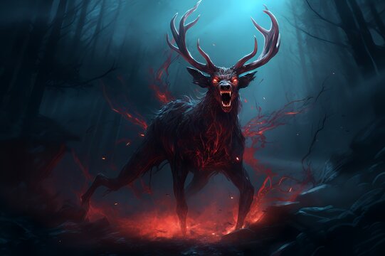 A fiery, demonic deer with glowing red eyes stands in a dark forest, its antlers casting a menacing shadow.