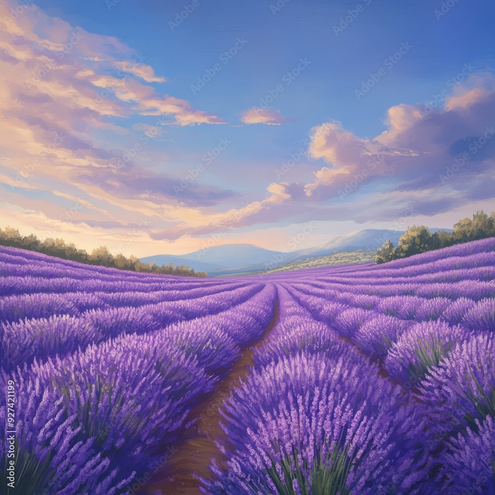 Sticker A picturesque landscape of vibrant purple lavender fields stretching under a clear blue sky with fluffy white clouds.